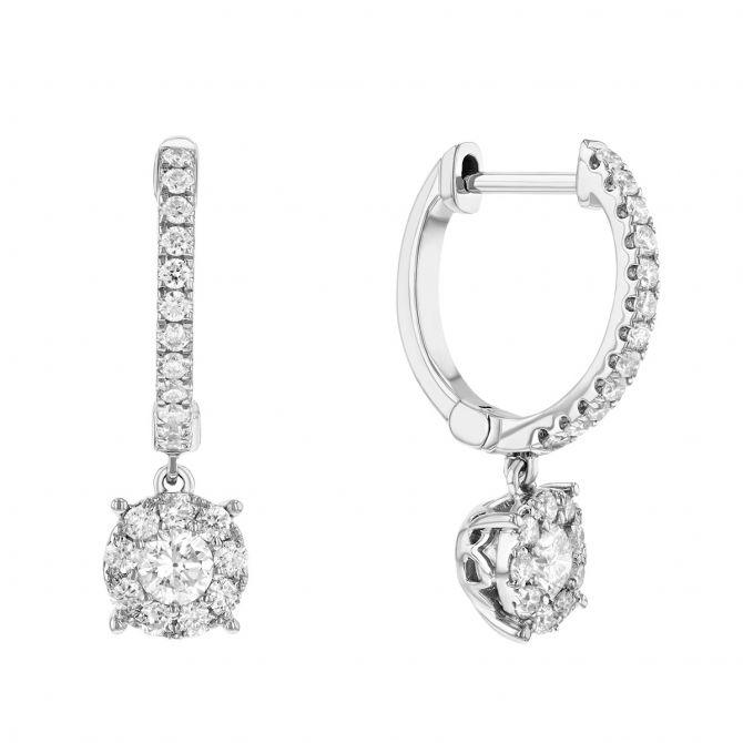 Round Diamond & Halo Drop Hoop Earrings in White Gold