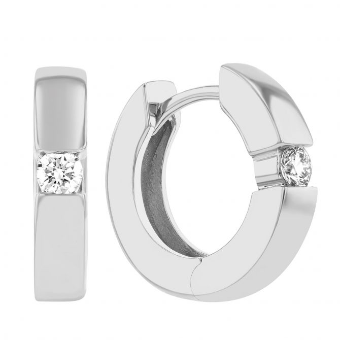 White Gold Hinged Huggie Hoop Earrings with Diamonds