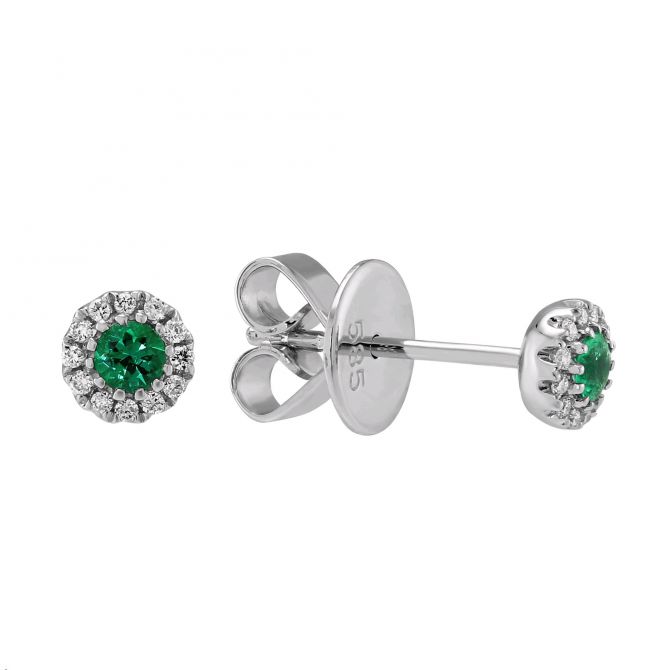 Emerald & Diamond Halo Earrings in White Gold