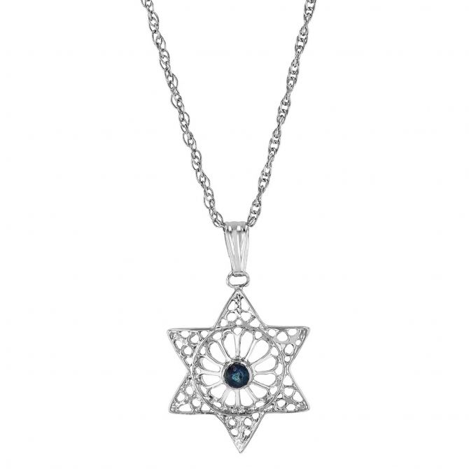 Sterling Silver Star of David Pendant with Sapphire Accent