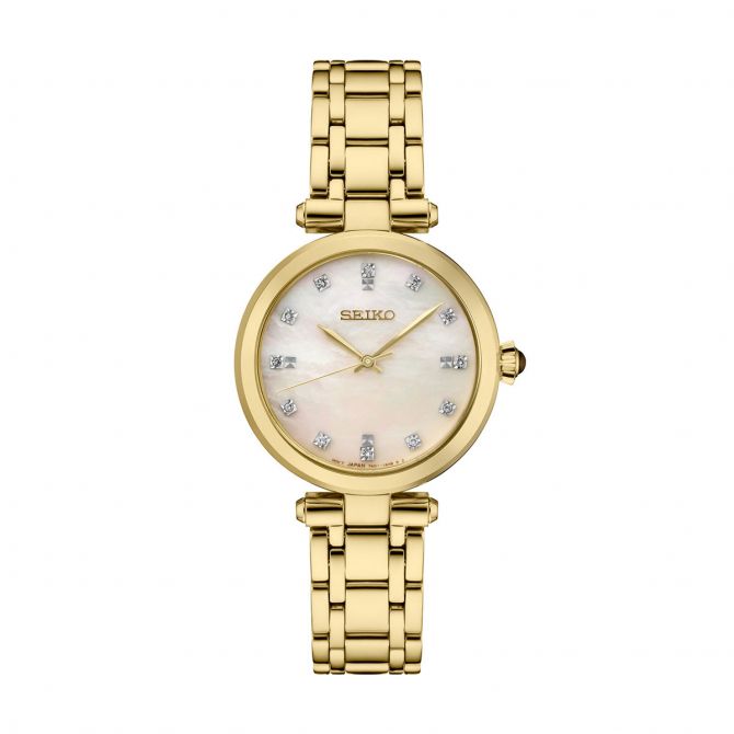 Seiko Diamonds 30mm Gold Tone Watch, Pink Mother of Pearl Dial