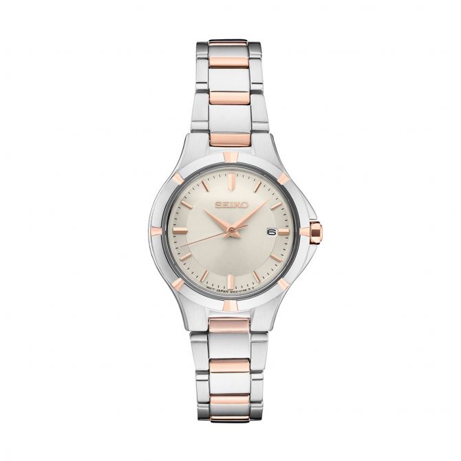 Seiko Essentials 27.4mm Rose Gold Two Tone Stainless Steel Watch, Antique White Sunray Dial