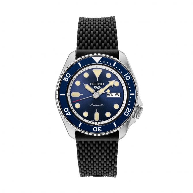 Seiko 5 Sports  Black Silicone Watch, Blue and Cream Sunray Dial |  SRPD93 | Borsheims
