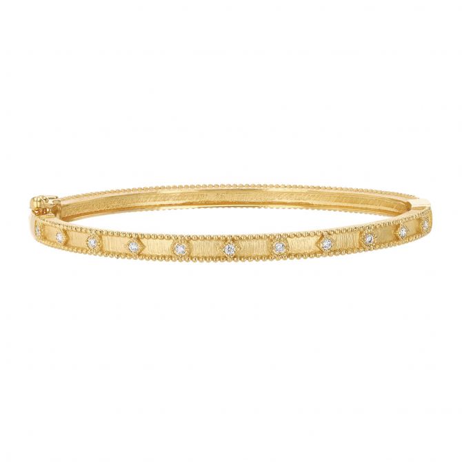 Marika Diamond & Beaded Pattern Hinged Bangle Bracelet in Yellow Gold