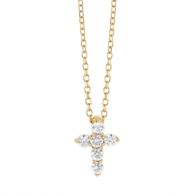 Diamond 6 Stone Cross Necklace in Yellow Gold, 0.15 cttw, 18"