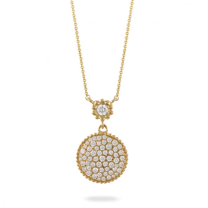 Doves Diamond Pavé Disc Pendant Necklace in Yellow Gold, 16"