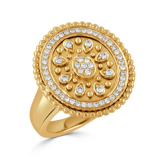 Doves Diamond & Milgrain Patterned Disc Signet Ring in Yellow Gold