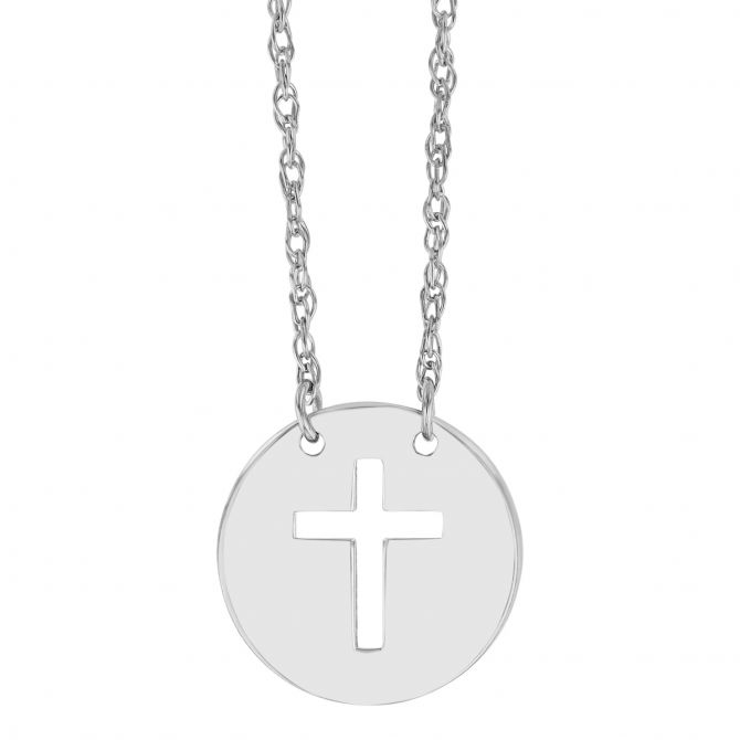 White Gold Cross Cutout Disc Pendant, 18"