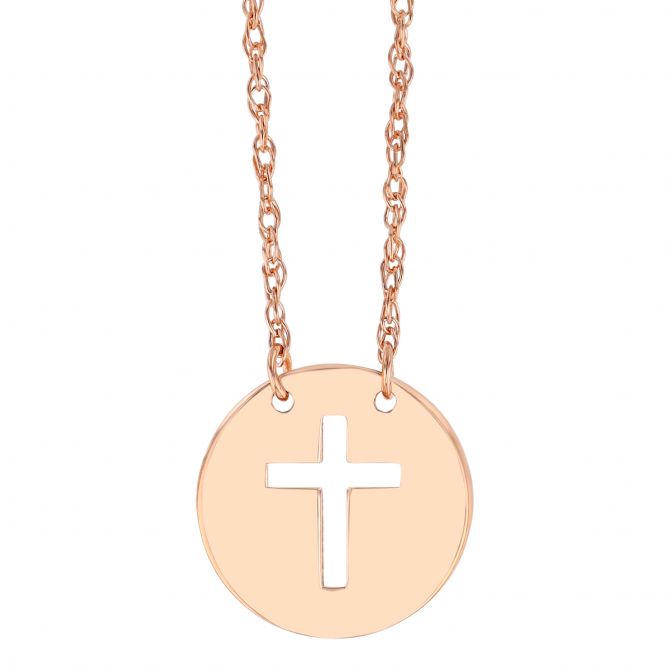 Rose Gold Cross Cutout Disc Pendant, 18"