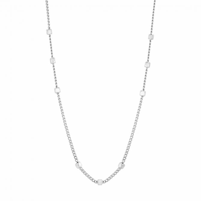 White Gold Square Bead Station Necklace, 18"