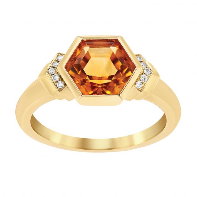 Hexagon Citrine & Diamond Side Stone Ring in Yellow Gold