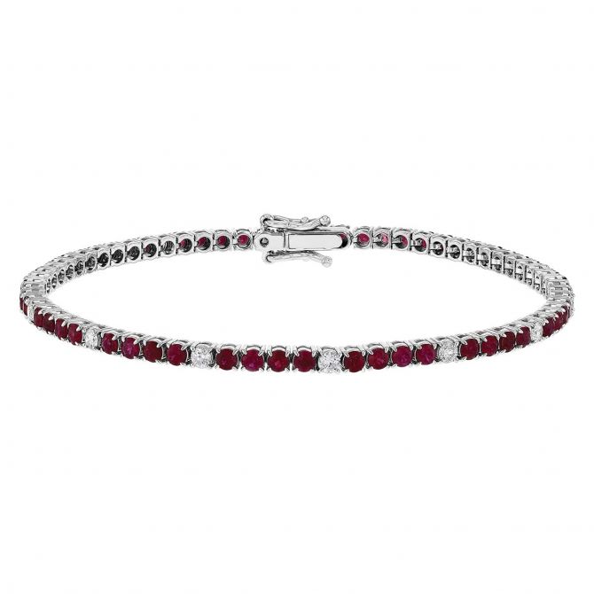 Round Ruby & Diamond Tennis Bracelet in White Gold, 7"