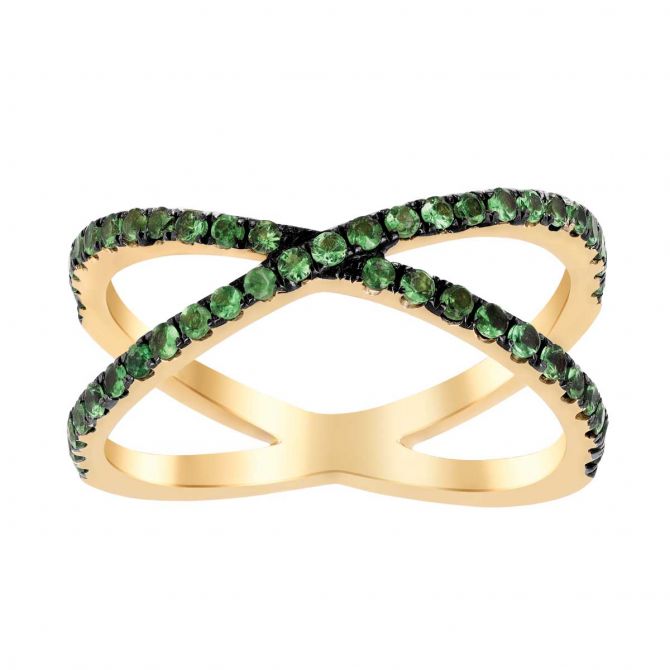 Green Tsavorite Garnet Crossover Ring in Yellow Gold & Black Rhodium