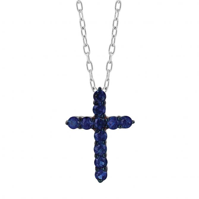 Sapphire Cross Pendant in White Gold & Black Rhodium, 18"