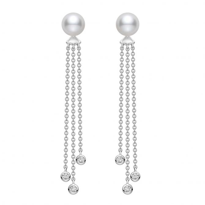 Mikimoto Akoya Cultured Pearl Stud Earrings with Diamond Dangle Chain  Jackets in White Gold