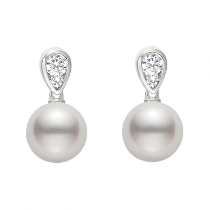 Mikimoto Akoya Cultured Pearl & Double Diamond Drop Earrings in White Gold