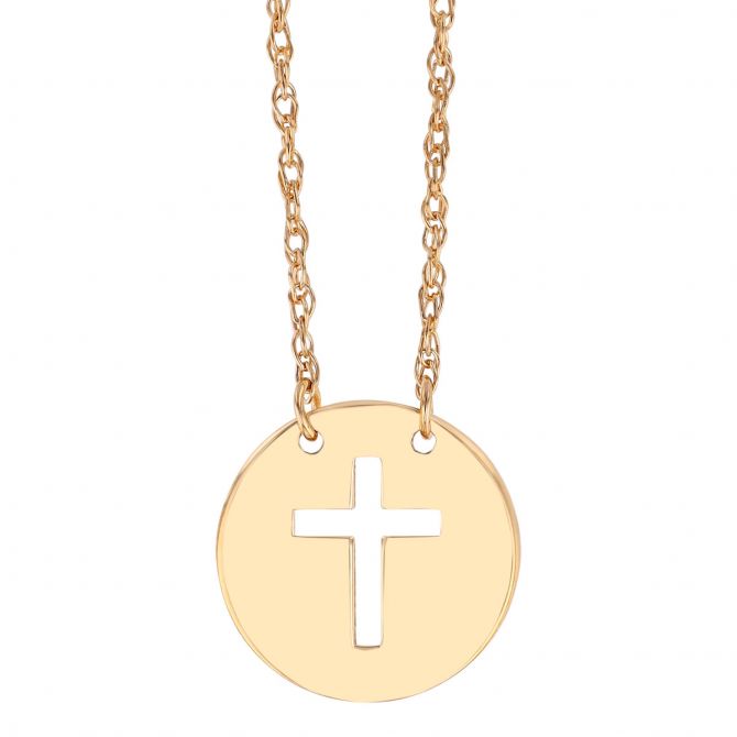 Cross Cutout Mini Disc Pendant in Yellow Gold, 18"