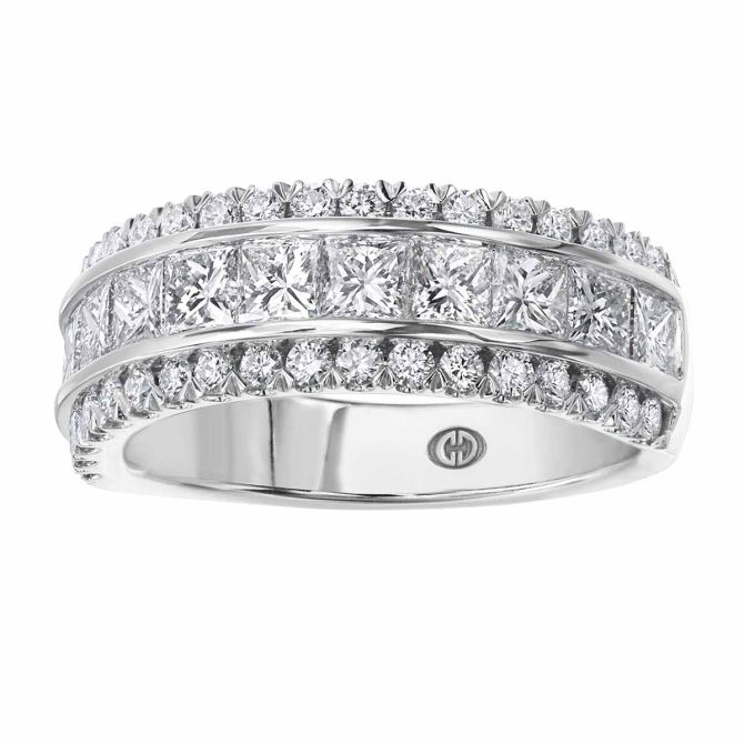 Christopher Designs Princess & Round Diamond 3 Row Wedding Band in White Gold