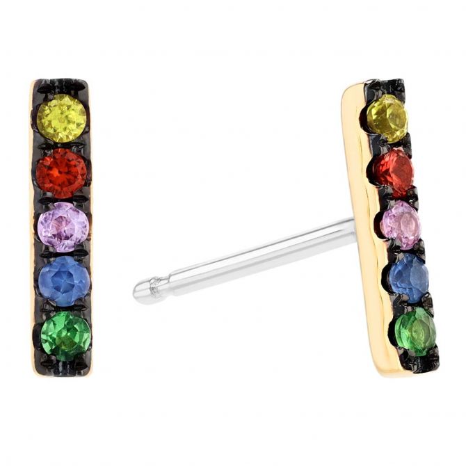 Sapphire, Ruby & Tsavorite Bar Stud Earrings in Yellow Gold & Black Rhodium