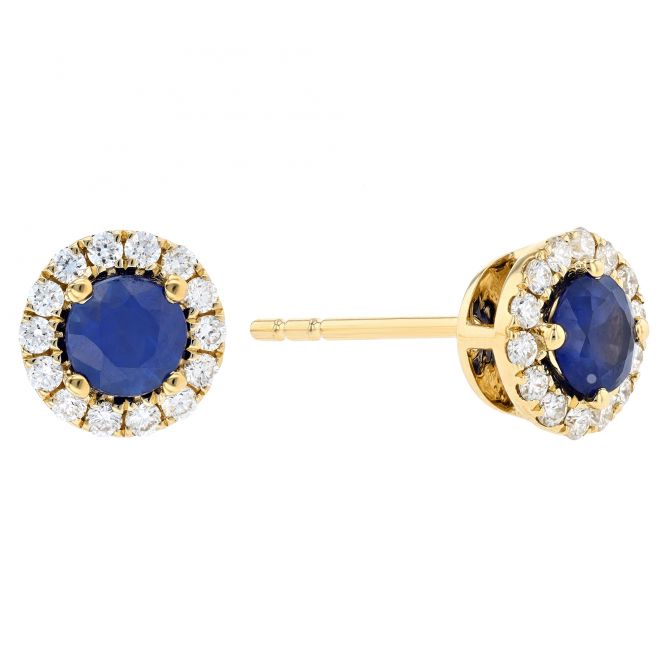 Sapphire & Diamond Halo Stud Earrings in Yellow Gold