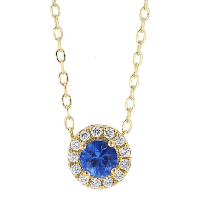 Sapphire & Diamond Halo Pendant Necklace in Yellow Gold