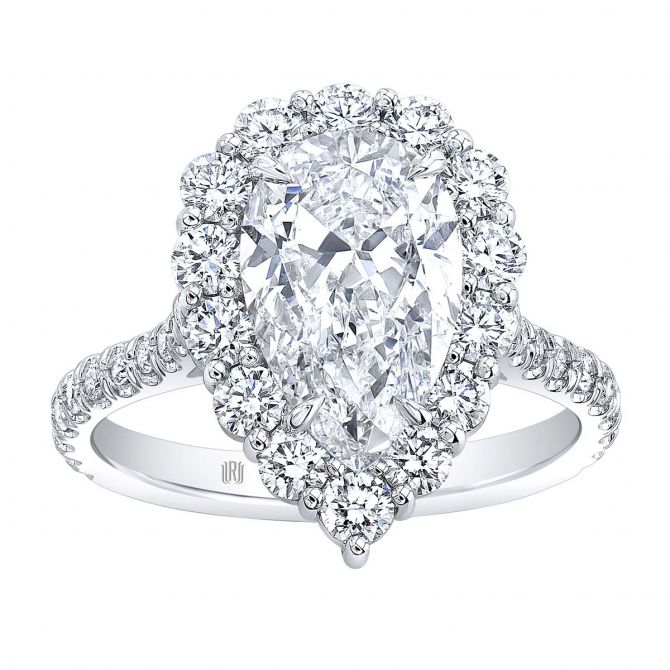 Rahaminov Pear Shaped Diamond & Halo Engagement Ring in White Gold, 3.13 cttw