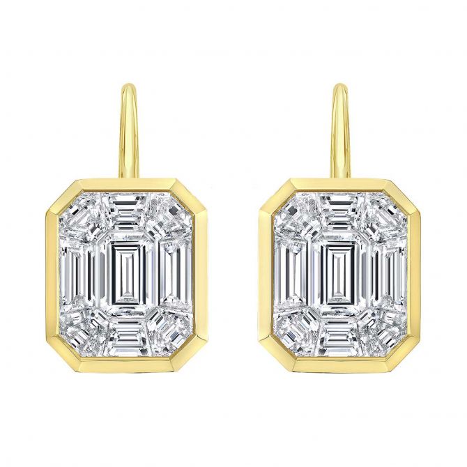 Rahaminov Diamond Mosaic Bezel Set Rectangular Drop Earrings in Yellow Gold, 3.27 cttw