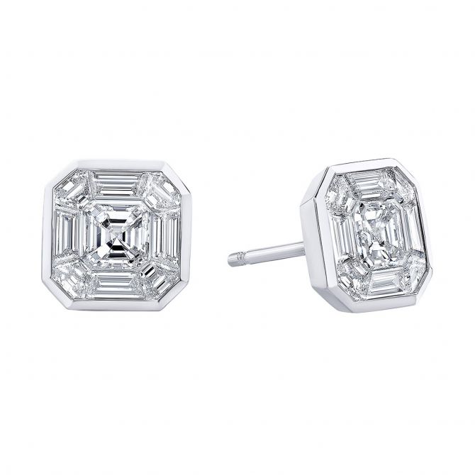 Rahaminov Diamond Mosaic Bezel Set Square Stud Earrings in White Gold