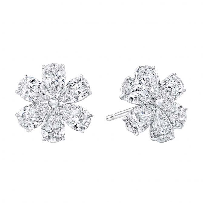 Rahaminov Pear Shaped Diamond Flower Stud Earrings in White Gold, 4.9 cttw