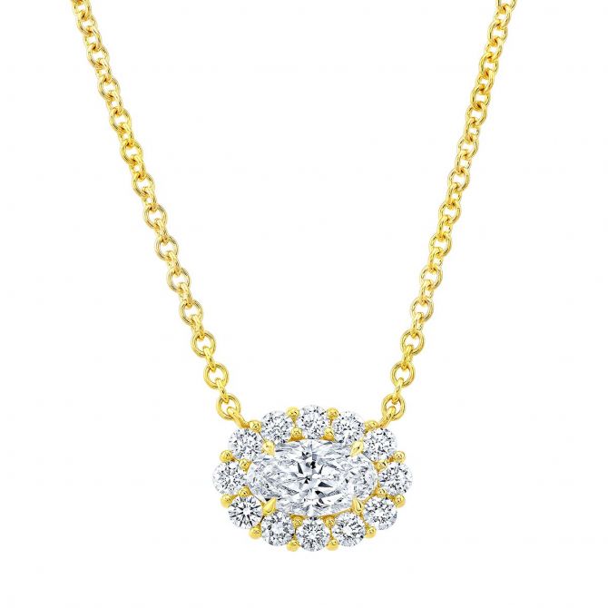 Rahaminov Oval Diamond & Halo Pendant in Yellow Gold, 18"