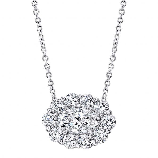 Rahaminov Oval Diamond & Halo Pendant in White Gold, 18"