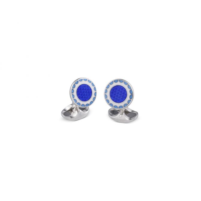 Deakin & Francis Blue & White Enamel Scalloped Design Cufflinks in Sterling Silver