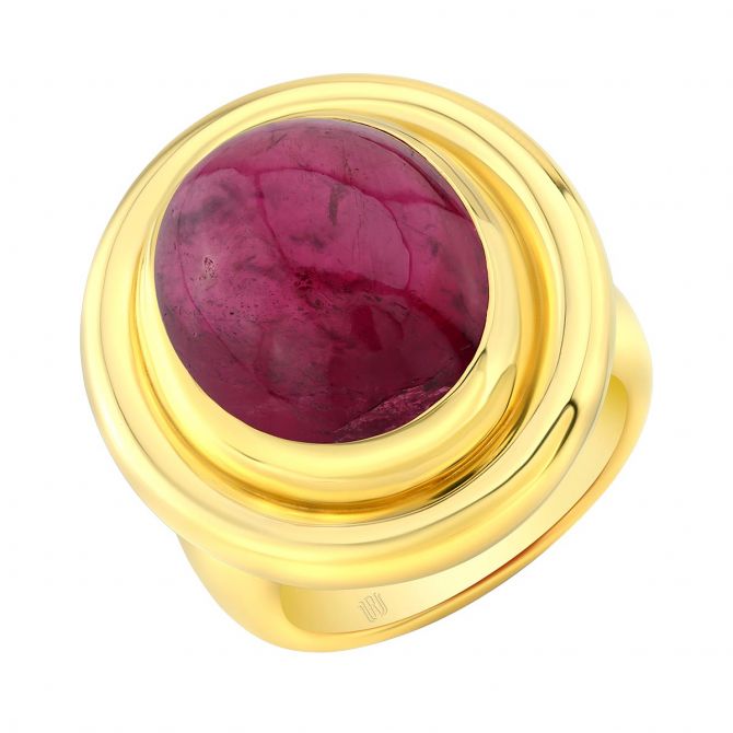 Rahaminov Cabochon Rubellite Tourmaline Bezel Set Ring in Yellow Gold