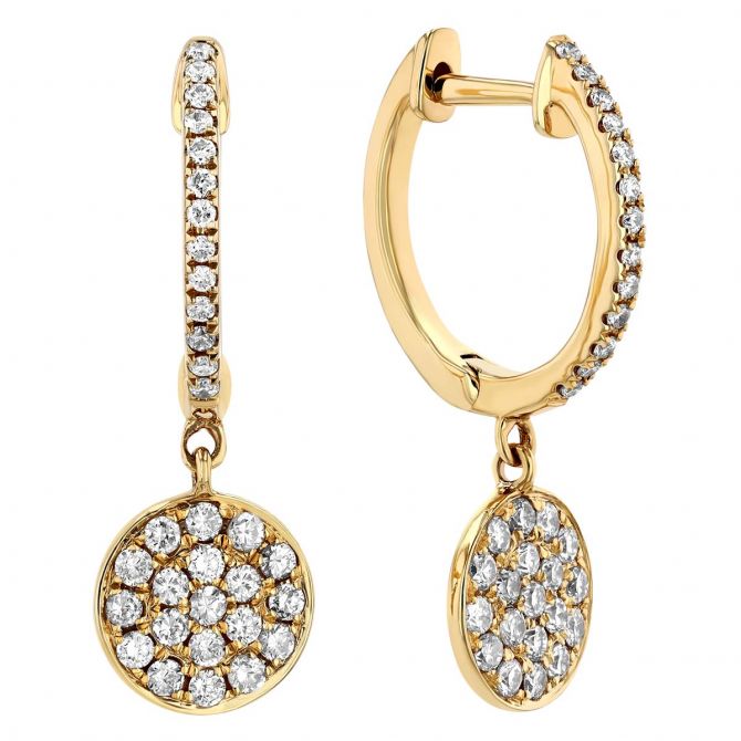 Diamond Pavé Disc Dangle Hoop Earrings in Yellow Gold