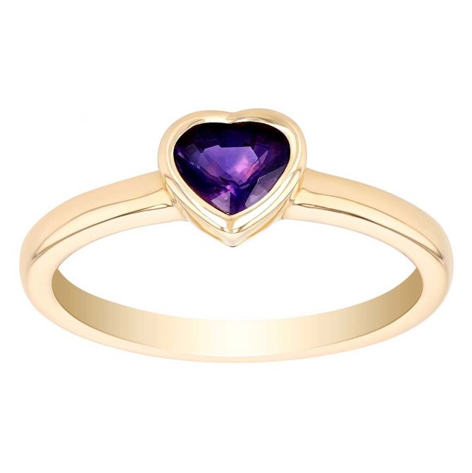 Heart Shaped Purple Sapphire Bezel Set Solitaire Stacking Ring in Yellow Gold