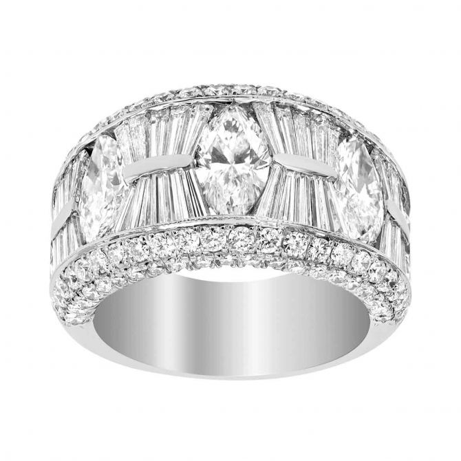 J.B. Star Marquise, Tapered Baguette & Round Diamond Band Ring in Platinum