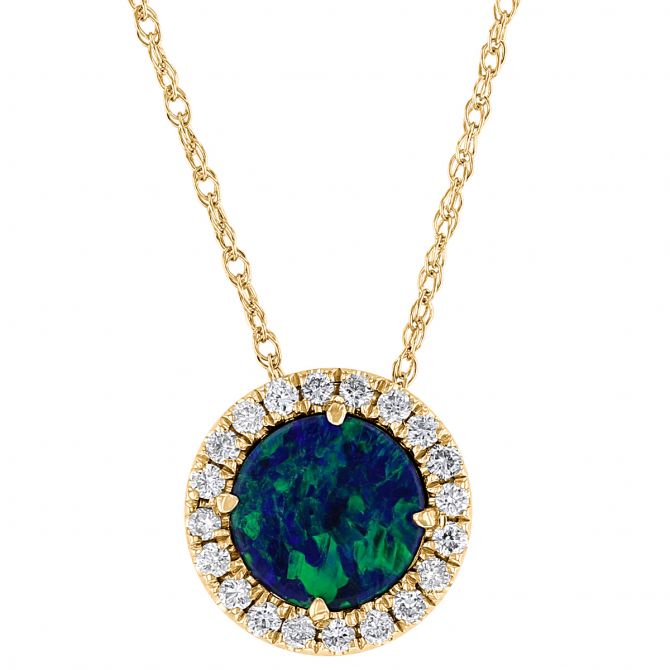 Opal Doublet & Diamond Halo Round Necklace in White Gold, 18"