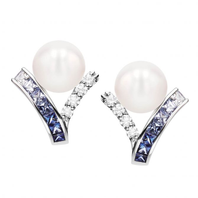 Mikimoto Ocean Akoya Cultured Pearl Earrings with Sapphires & Diamonds in White Gold