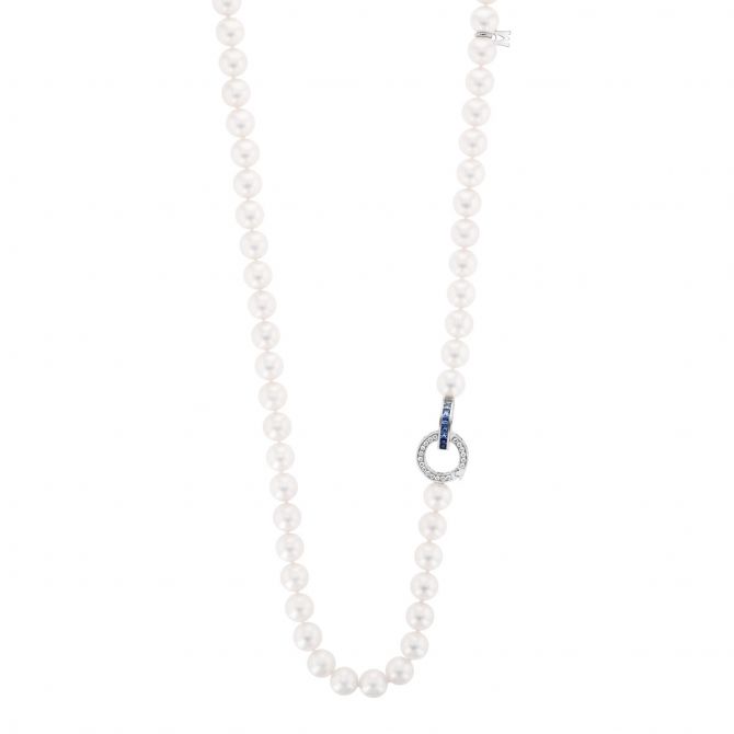 Mikimoto Ocean Akoya Cultured Pearl Strand Necklace with Sapphire & Diamond  Ring Clasp, 24