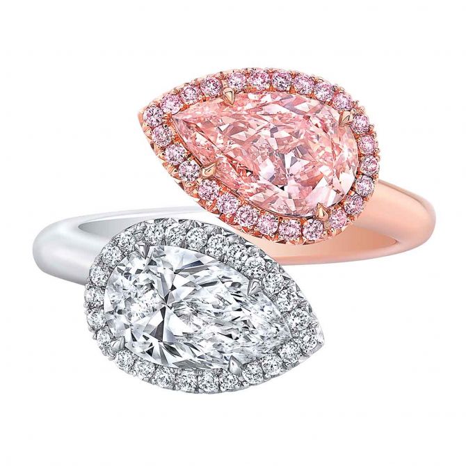 Rahaminov Fancy Brownish Orangy Pink & White Diamond Bypass Ring in Platinum