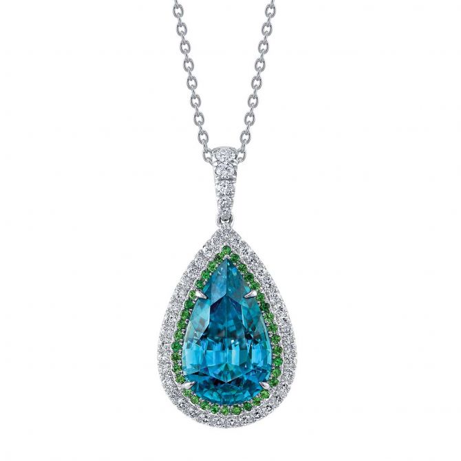 OMI Prive Dore Pear Shaped Zircon, Tsavorite Garnet & Diamond Halo Pendant in Platinum, 18"