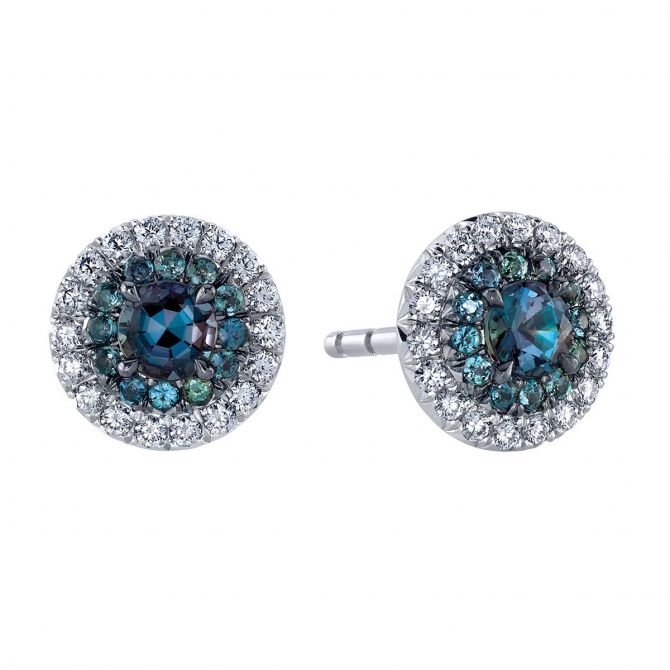 Omi Prive Duet Alexandrite & Diamond Double Halo Stud Earrings in Platinum