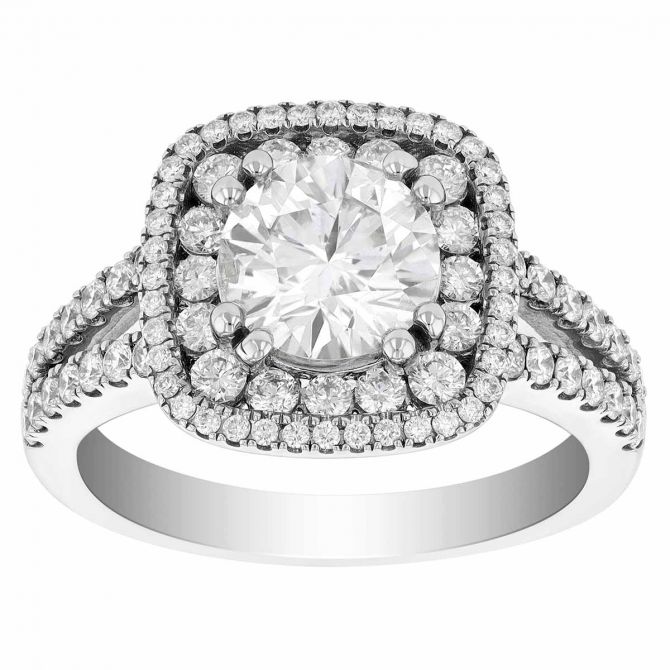 White Gold Diamond Engagement Ring with Double Cushion Halo & Split Shank, 1.30 ct