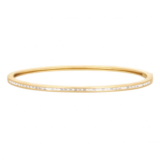 Baguette Diamond Channel Set Hinged Bangle Bracelet in Yellow Gold