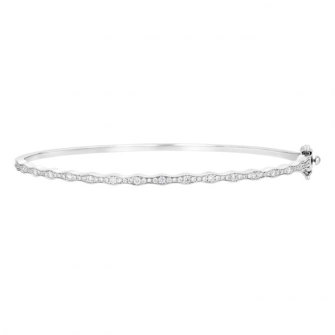 Graduated Diamond Scalloped Edge Bangle Bracelet in White Gold