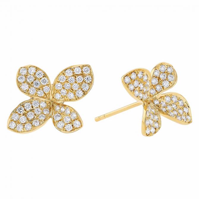 Diamond Pave 4 Petal Flower Post Earrings in Yellow Gold