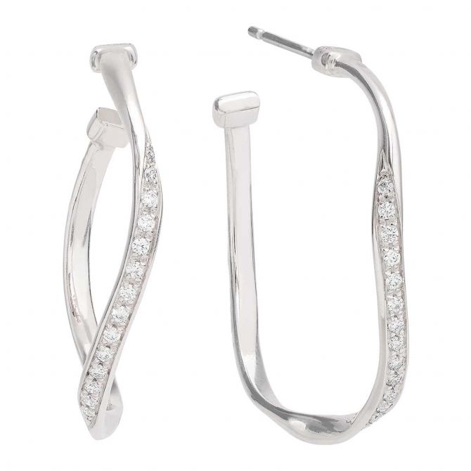 Marco Bicego Diamond Wave Twisted U-Shaped Hoop Earrings in White Gold