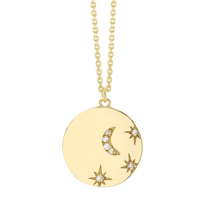 Diamond Flush Set Moon & Star Circle Pendant in Yellow Gold, 18"