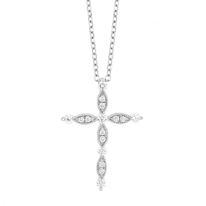 Diamond Cross Necklace in White Gold, 0.16 cttw