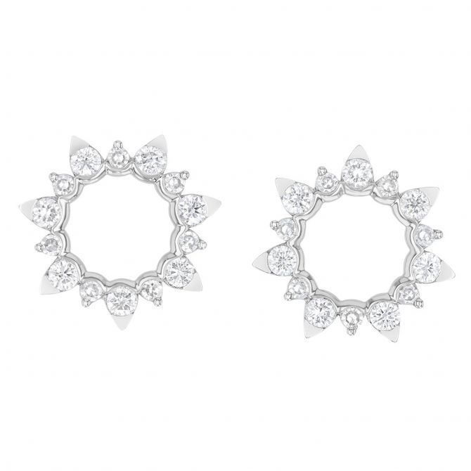 Diamond Open Starburst Circle Post Earrings in White Gold